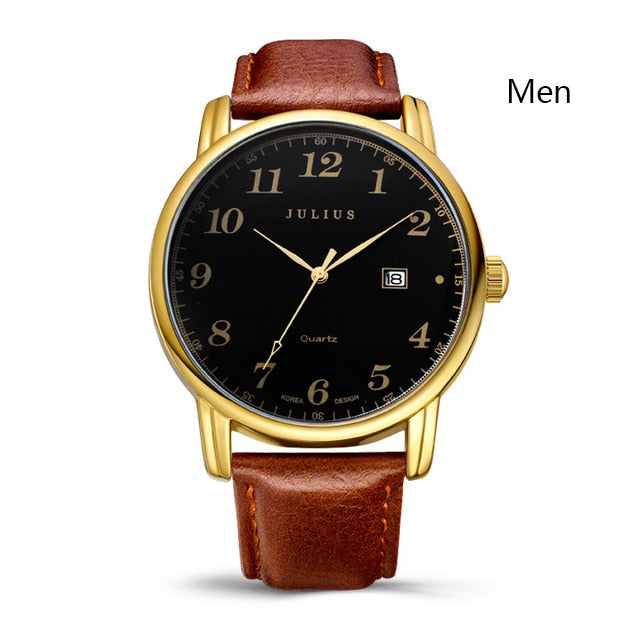 Julius Brand Watches Men Woman Quartz Business Couple Watch Casual Date Waterproof Leather Wristwatch Clock Relogio Masculino