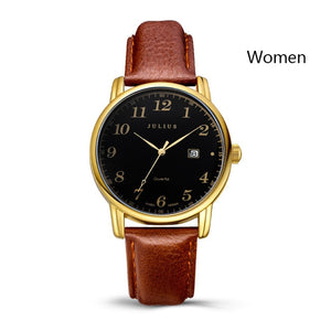 Julius Brand Watches Men Woman Quartz Business Couple Watch Casual Date Waterproof Leather Wristwatch Clock Relogio Masculino