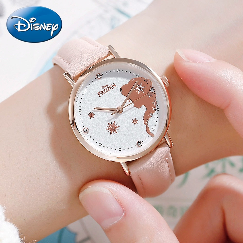 Frozen Princess Girl Beautiful Bling Rhinestone Japan Quartz Watch Children Cuties Fashion Casual PU Steel Round Student Disney