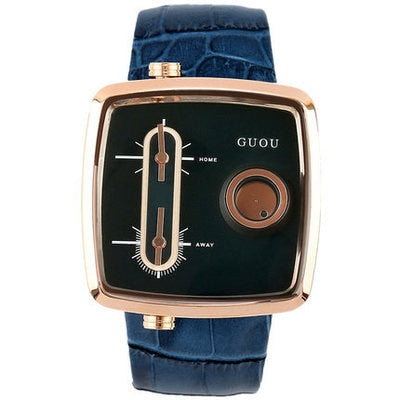 Guou Men's Watch Double Quartz Movement Square Wrist Watches Fashion Cowhide Leather Commander Brand Luxury Presents For Men Hot