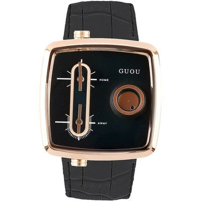 Guou Men's Watch Double Quartz Movement Square Wrist Watches Fashion Cowhide Leather Commander Brand Luxury Presents For Men Hot