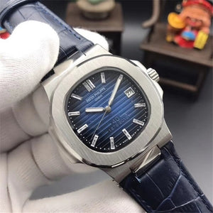 Patek- Philippe- New Automatic Mechanical Men Watch Silver Blue Stainless Steel Transparent Sapphire Glass Glide Watches 9633