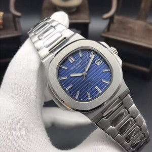 Patek- Philippe- New Automatic Mechanical Men Watch Silver Blue Stainless Steel Transparent Sapphire Glass Glide Watches 9633