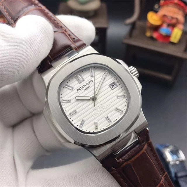 Patek- Philippe- New Automatic Mechanical Men Watch Silver Blue Stainless Steel Transparent Sapphire Glass Glide Watches 9633