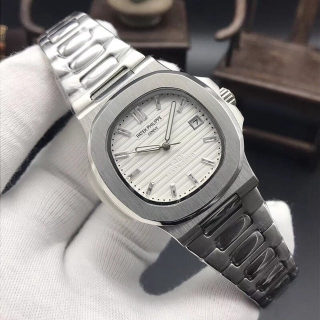 Patek- Philippe- New Automatic Mechanical Men Watch Silver Blue Stainless Steel Transparent Sapphire Glass Glide Watches 9633