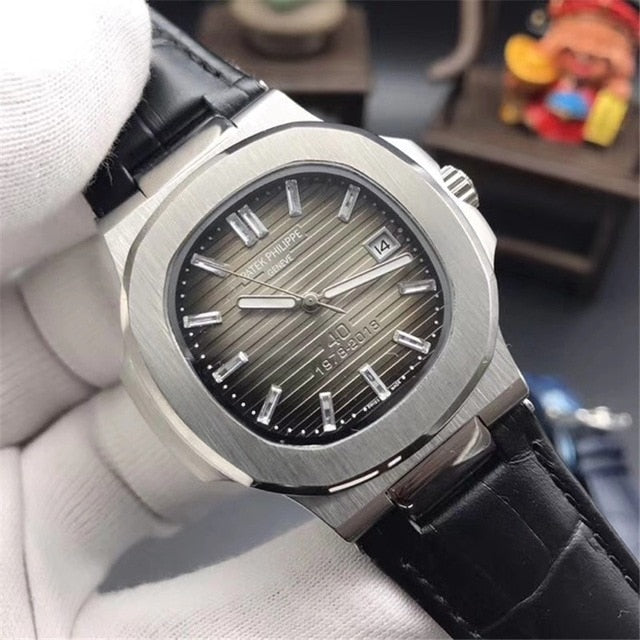 Patek- Philippe- New Automatic Mechanical Men Watch Silver Blue Stainless Steel Transparent Sapphire Glass Glide Watches 9633