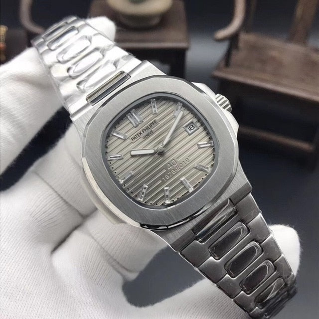 Patek- Philippe- New Automatic Mechanical Men Watch Silver Blue Stainless Steel Transparent Sapphire Glass Glide Watches 9633