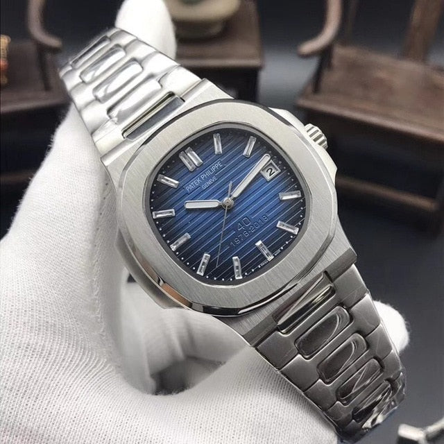 Patek- Philippe- New Automatic Mechanical Men Watch Silver Blue Stainless Steel Transparent Sapphire Glass Glide Watches 9633