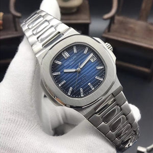 Patek- Philippe- New Automatic Mechanical Men Watch Silver Blue Stainless Steel Transparent Sapphire Glass Glide Watches 9633