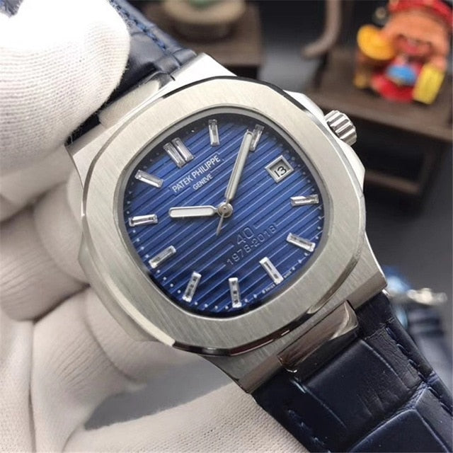 Patek- Philippe- New Automatic Mechanical Men Watch Silver Blue Stainless Steel Transparent Sapphire Glass Glide Watches 9633