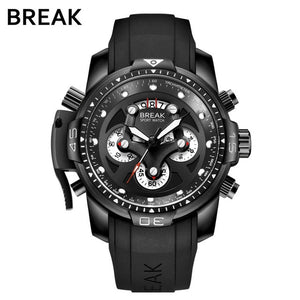 BREAK Top Luxury Brand Men Unique Fashion Rubber Band Quartz Sport Wristwatch with Waterproof Chronograph Calendar Army Watch