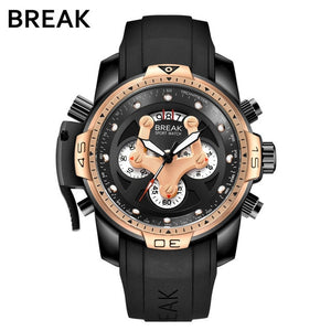 BREAK Top Luxury Brand Men Unique Fashion Rubber Band Quartz Sport Wristwatch with Waterproof Chronograph Calendar Army Watch